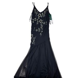 Xscape by Joanna Chen Navy Blue Silk Beaded Floral Tulle Gown Dress 14 NEW